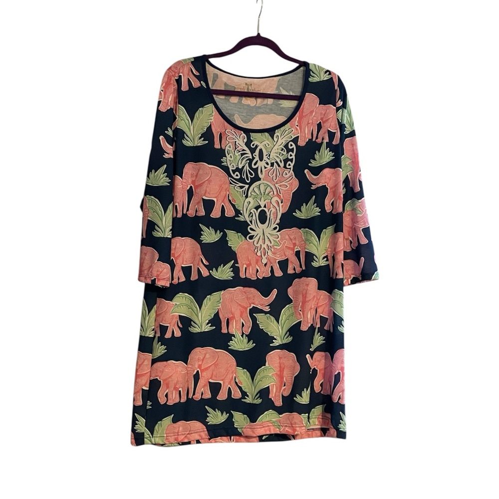 Simply Southern Ladies XL Pink Elephant Print Mini Dress‎ | 3/4 Sleeve Summer